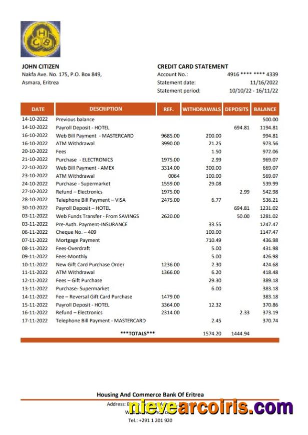 Eritrea Housing and Commerce Bank statement